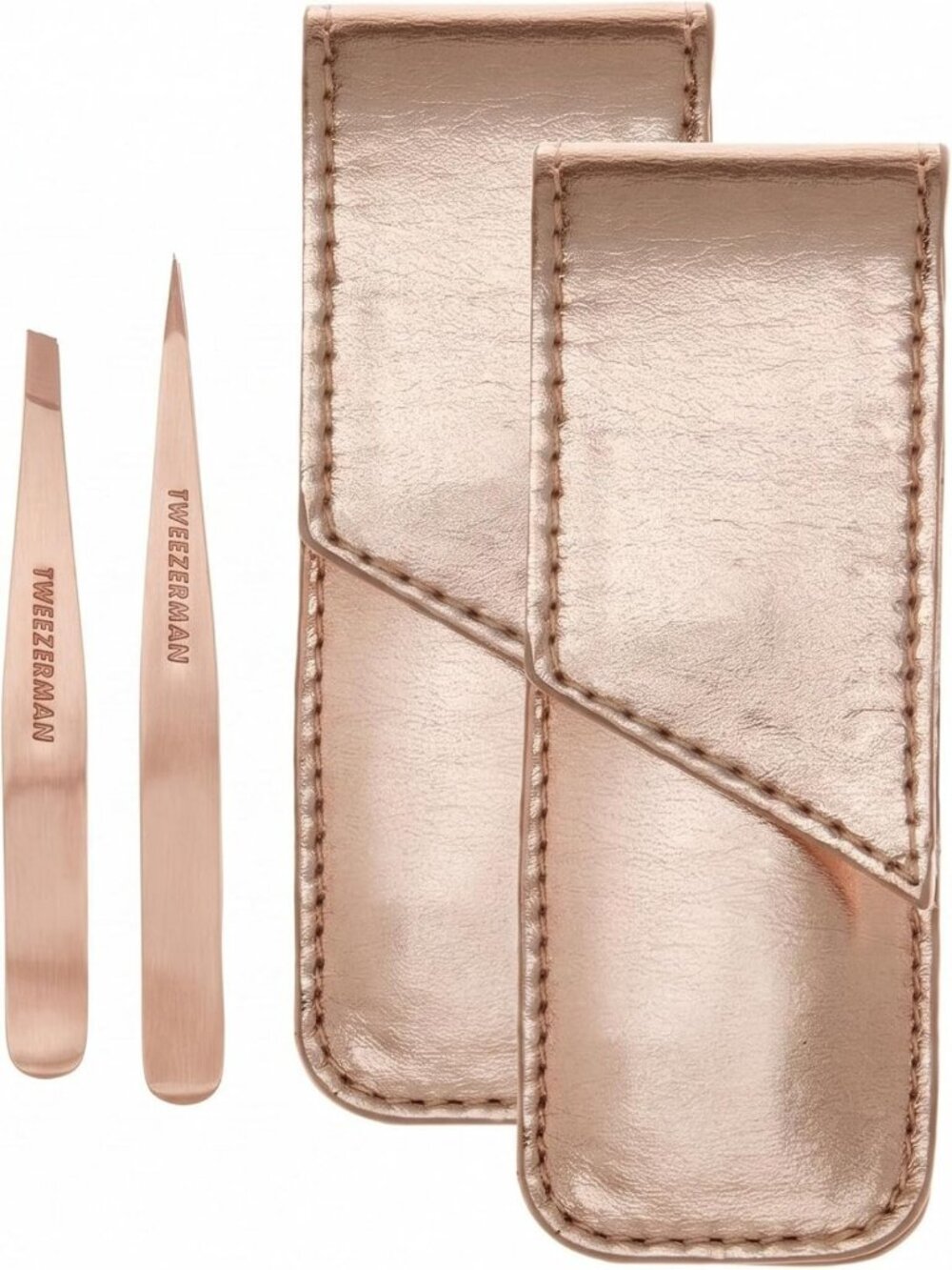 Rose Gold Tweezers Set - Petite Point & Slant with Travel Case, 2-Pack